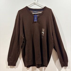 V-Neck Sweater Brown XL Merino Wool Blend Fall Winter Layering Club Room